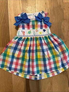 Bonnie Baby Multicolor Plaid Dress with Blue Polka Dot Bows